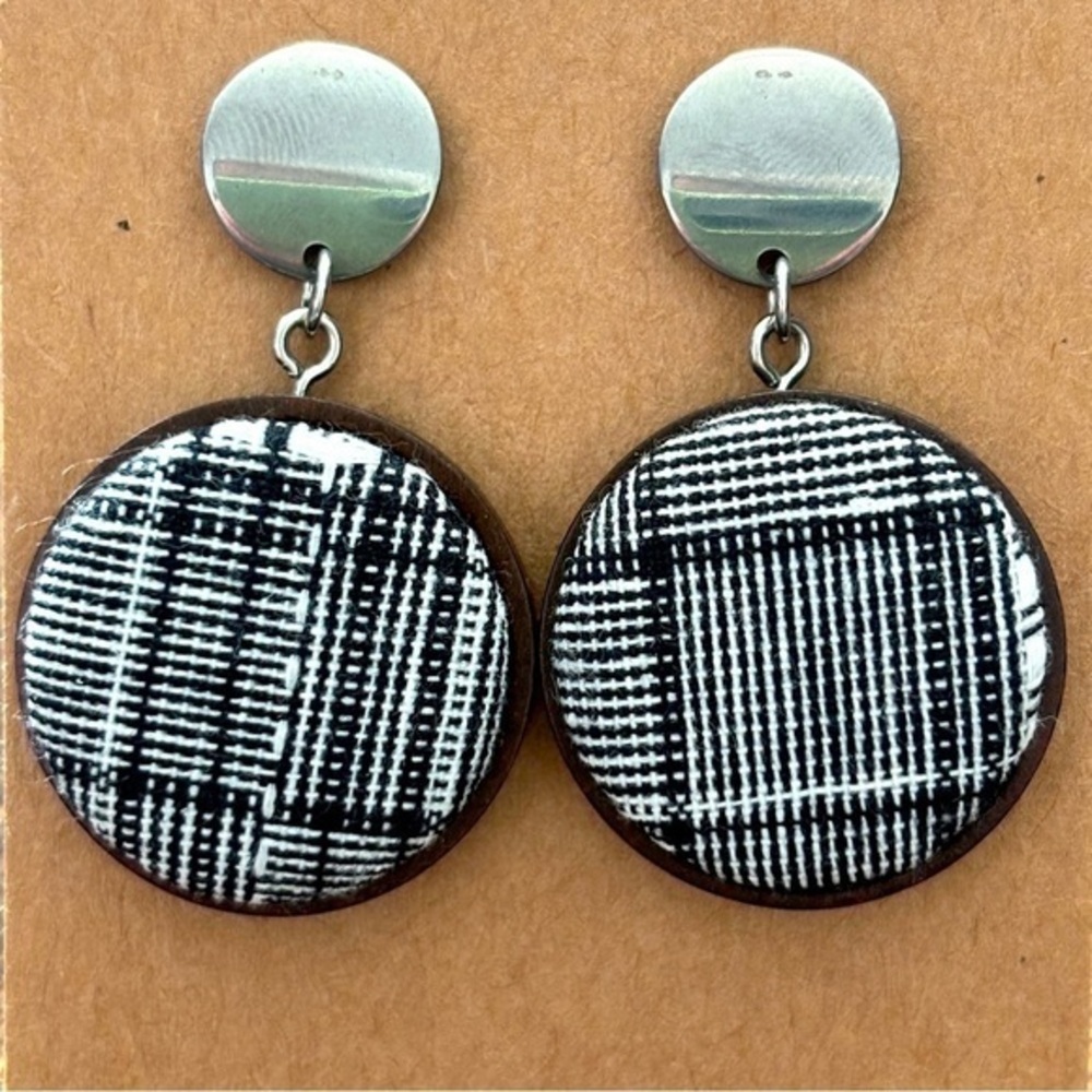 Handmade Chunky Retro Fabric Button Wood Earrings, 25mm, NWT
